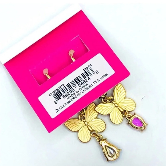 BETSEY JOHNSON Mismatched Butterfly Crystal-Studded Gold-Tone Drop Earrings NWT - Picture 2 of 2